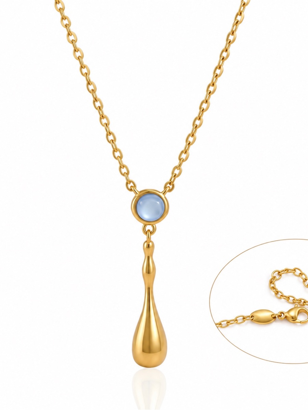 Gold Teardrop Pendant Necklace with Blue Stone D142